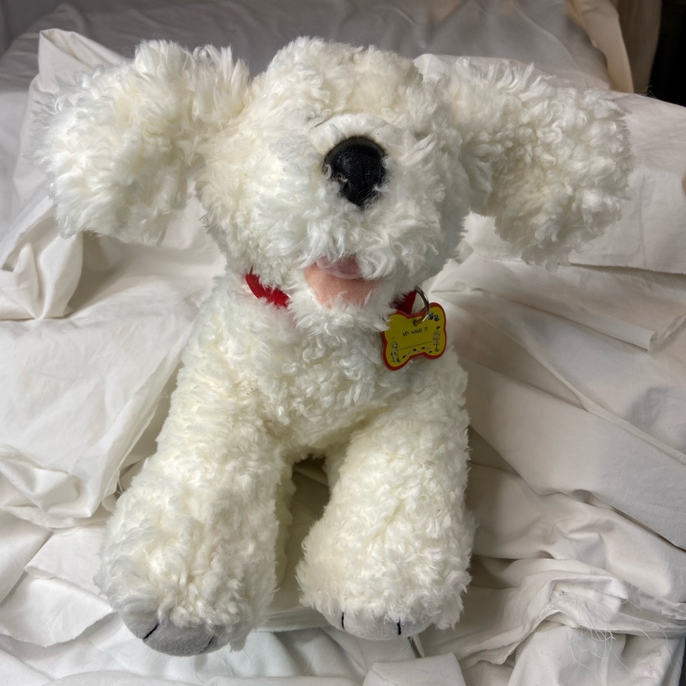 Build-A-Bear Maltese Maltipoo White Curly Plush Dog with Red Collar